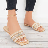 Myquees Square Toe Summer Woven Slide Sandals Flat Beach Slippers