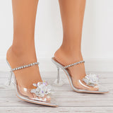 Myquees Clear High Heel Mule Sandals Rhinestone Straps Slingback Pumps