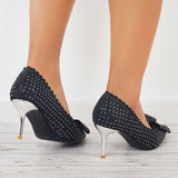 Myquees Bow Clear Kitten Heel Pumps Rhinestone Pointed Toe Office Dress Shoes