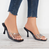 Myquees Clear Rhinestone Mid Heel Slide Sandals Square Toe  Stiletto Mules