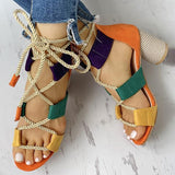 Myquees Colourblock Lace-up Chunky Heels Open Toe Sandals