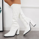 Myquees Patent Leather Square Toe Block Chunky Heel Knee High Boots