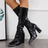 Myquees Patent Leather Square Toe Block Chunky Heel Knee High Boots
