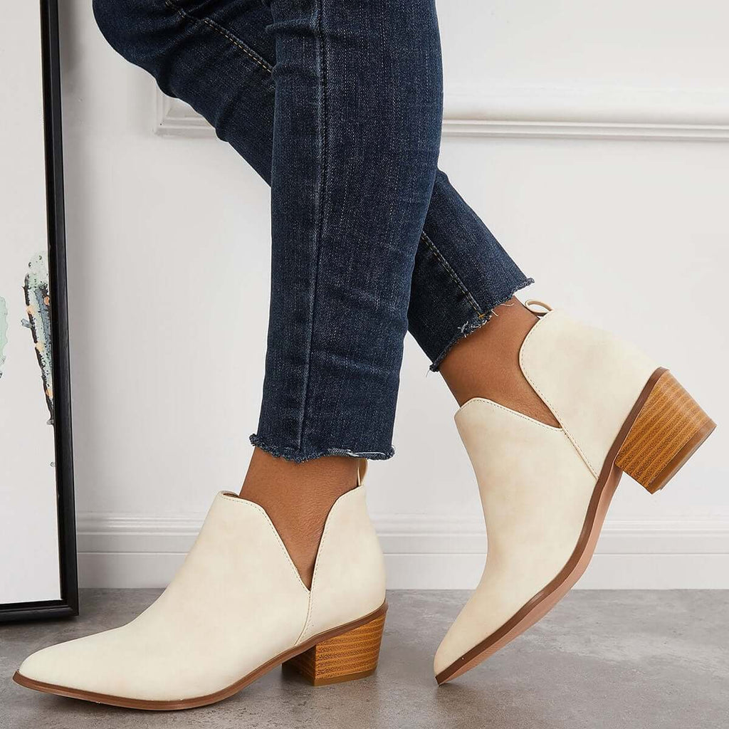 Myquees Cut Out Ankle Western Boots Chunky Heeled Cowboy Booties