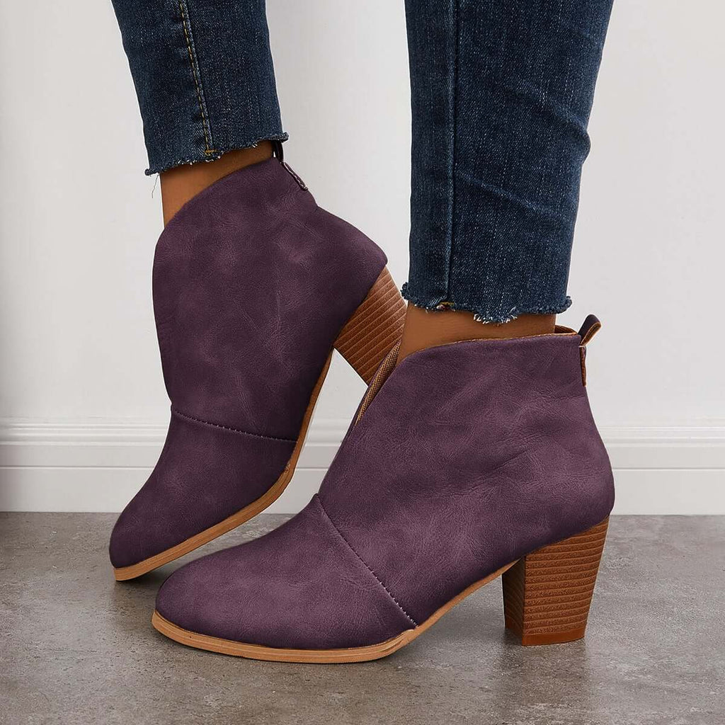 Myquees Retro Western V Cut Ankle Boots Slip On Chunky Stacked Heel Booties
