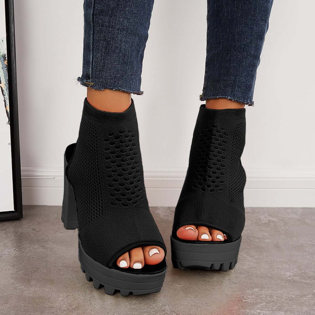 Myquees Peep Toe Chunky Platform High Heels Slip-on Sandals