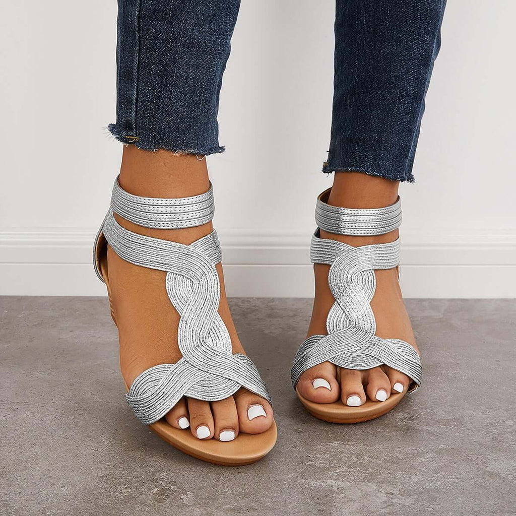 Myquees Casual T-Strap Wedge Sandals Back Zipper Ankle Strap Shoes