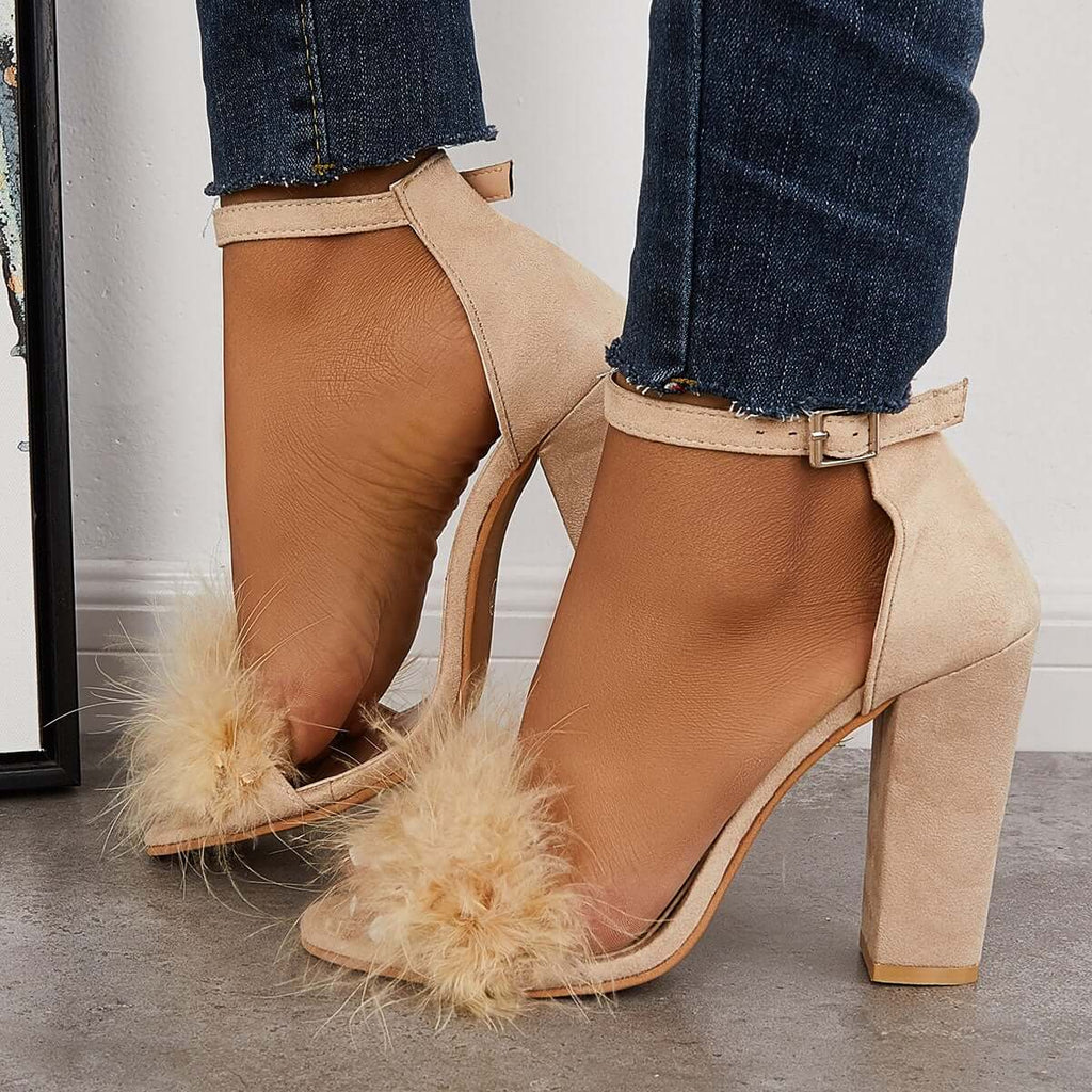 Myquees Fluffy Chunky Block High Heel Sandals Ankle Strap Dress Pumps