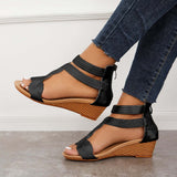Myquees Casual T-Strap Wedge Sandals Back Zipper Ankle Strap Shoes