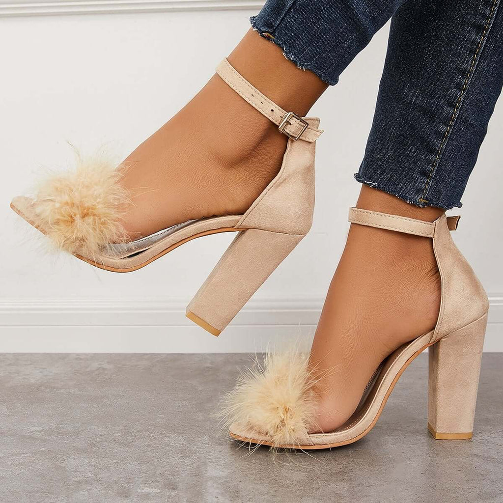 Myquees Fluffy Chunky Block High Heel Sandals Ankle Strap Dress Pumps