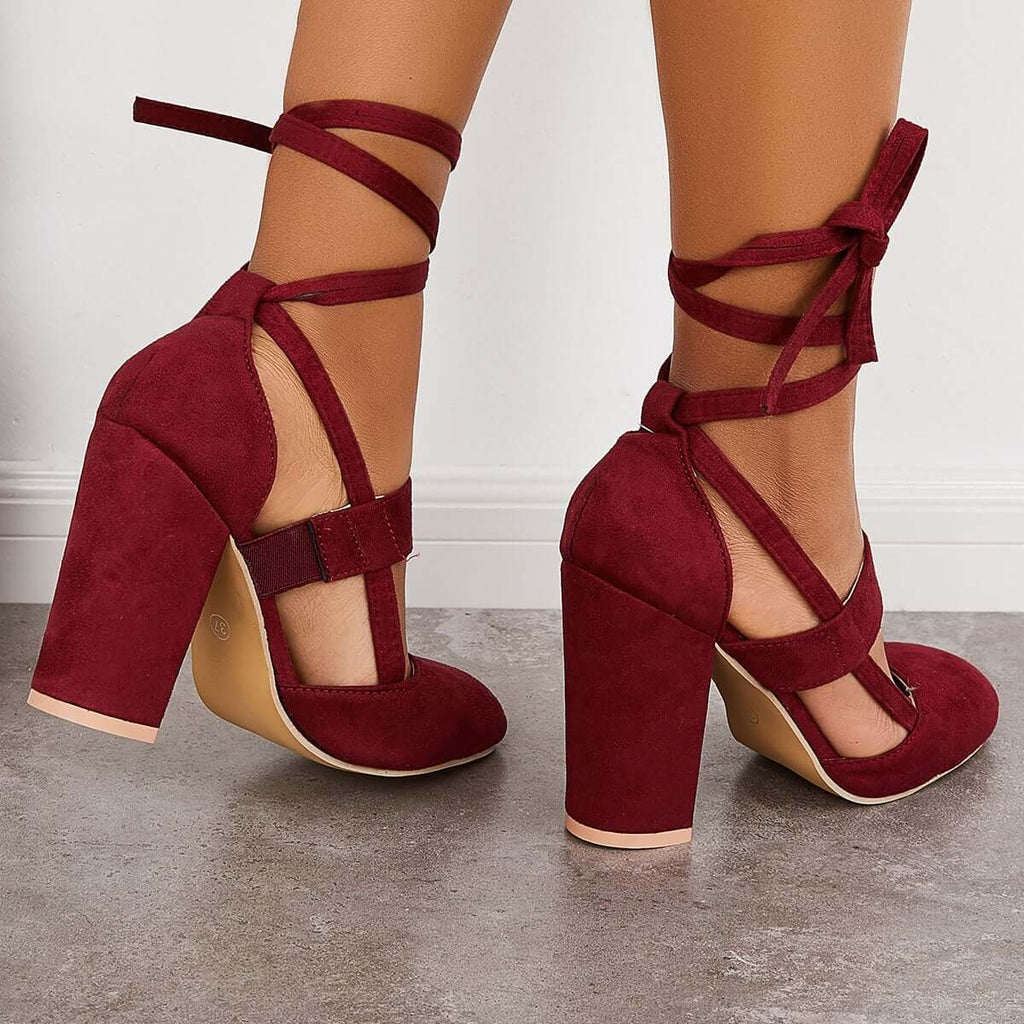 Myquees Chunky Block High Heels Lace Up Dress Sandals Ankle Strappy Pumps