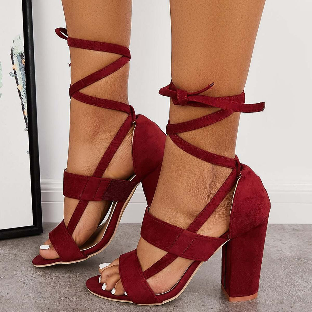 Myquees Lace Up Chunky Block High Heel Sandals Ankle Strap Dress Heels