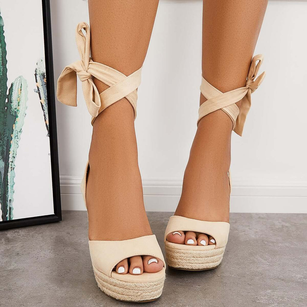 Myquees Lace up Espadrille Heel Platform Wedges Ankle Strap Sandals