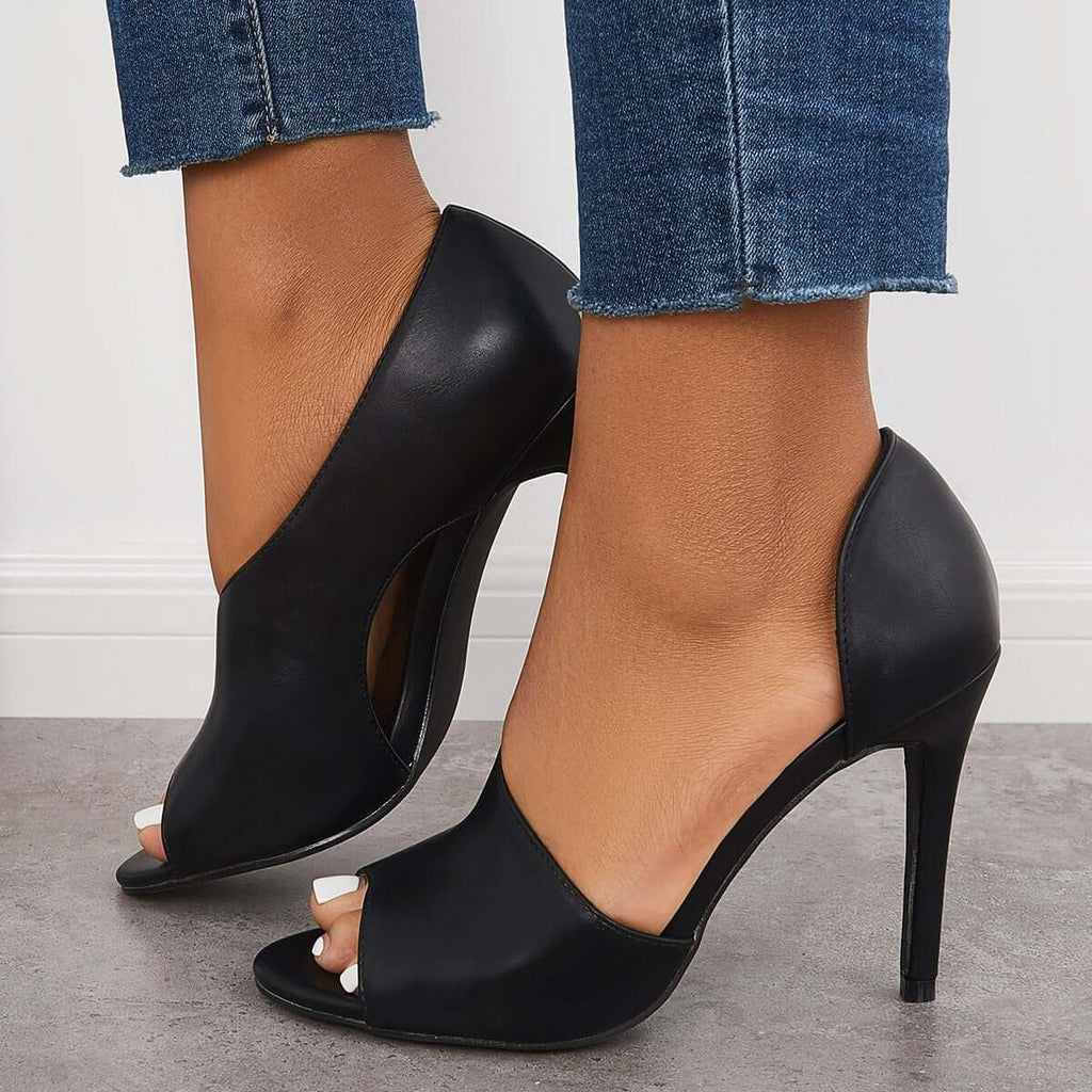 Myquees Black Cut Out Stiletto High Heels Peep Toe Dress Pumps