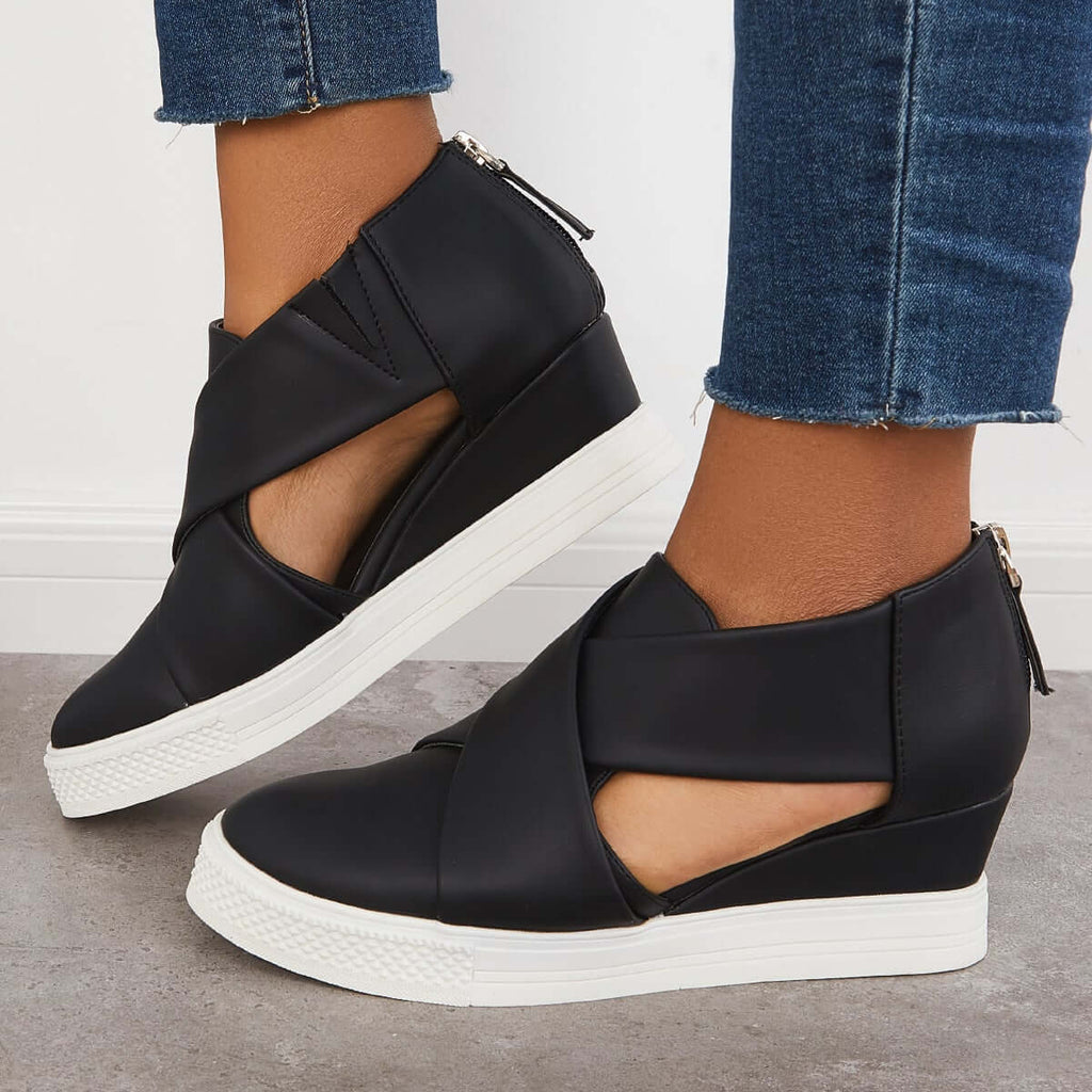 Myquees Casual Wedge Sneakers Platform Crisscross Cut Out Shoes