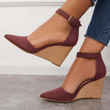 Myquees Classic Ankle Strap Wedges Pointed Toe Stacked Heel Dress Pumps
