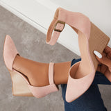Myquees Classic Ankle Strap Wedges Pointed Toe Stacked Heel Dress Pumps