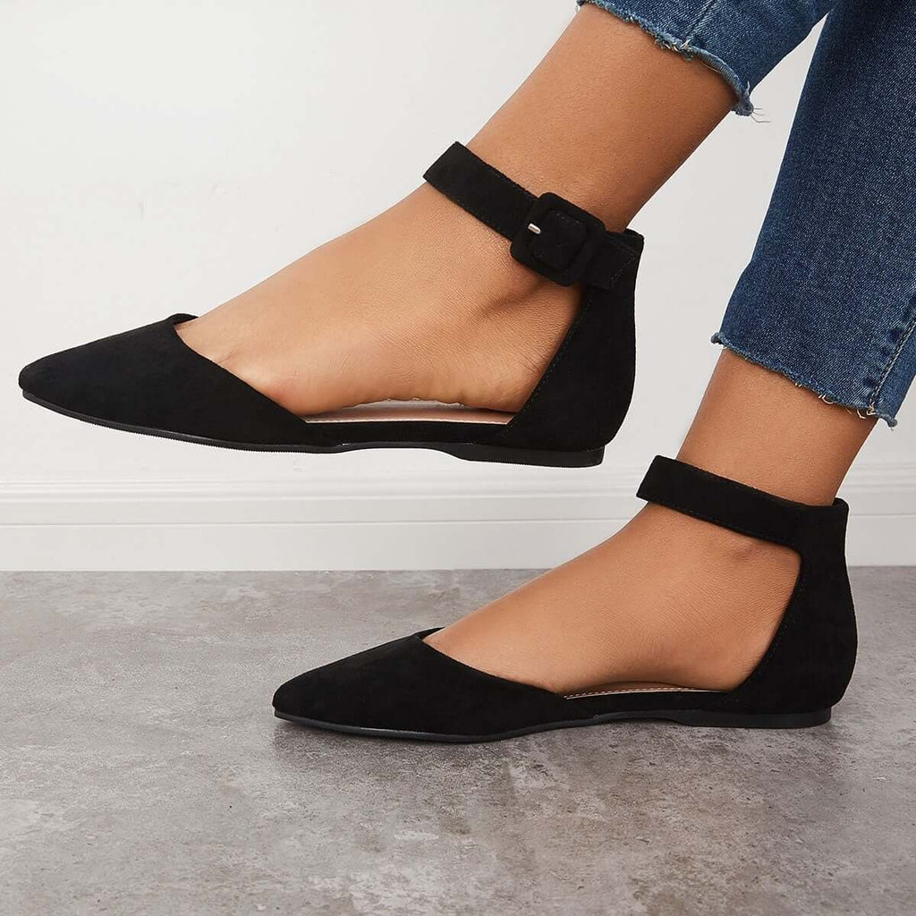Myquees Pointed Toe Ankle Strap Flats Plain Ballet Shoes