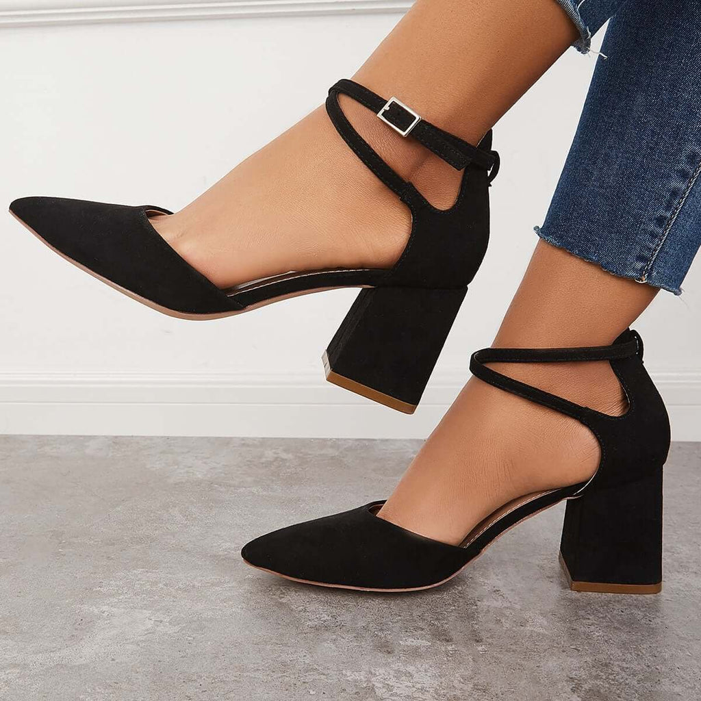 Myquees Chunky Block Low Heel Pumps Pointed Toe Ankle Strap Heels