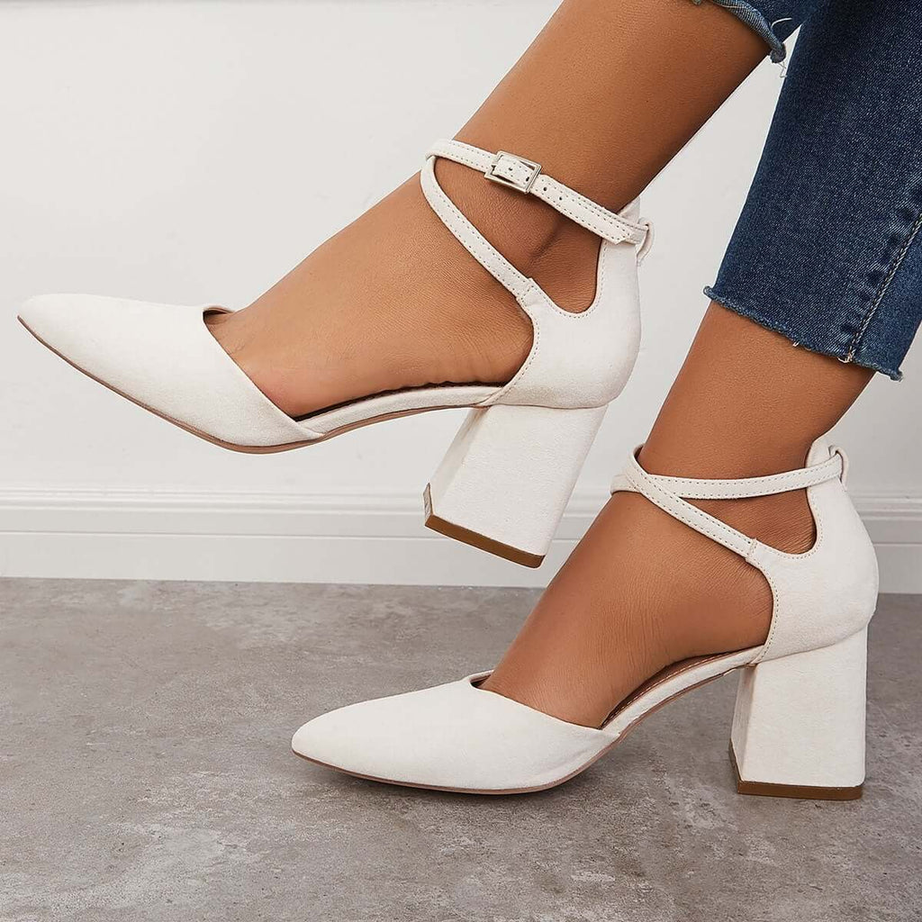 Myquees Chunky Block Low Heel Pumps Pointed Toe Ankle Strap Heels