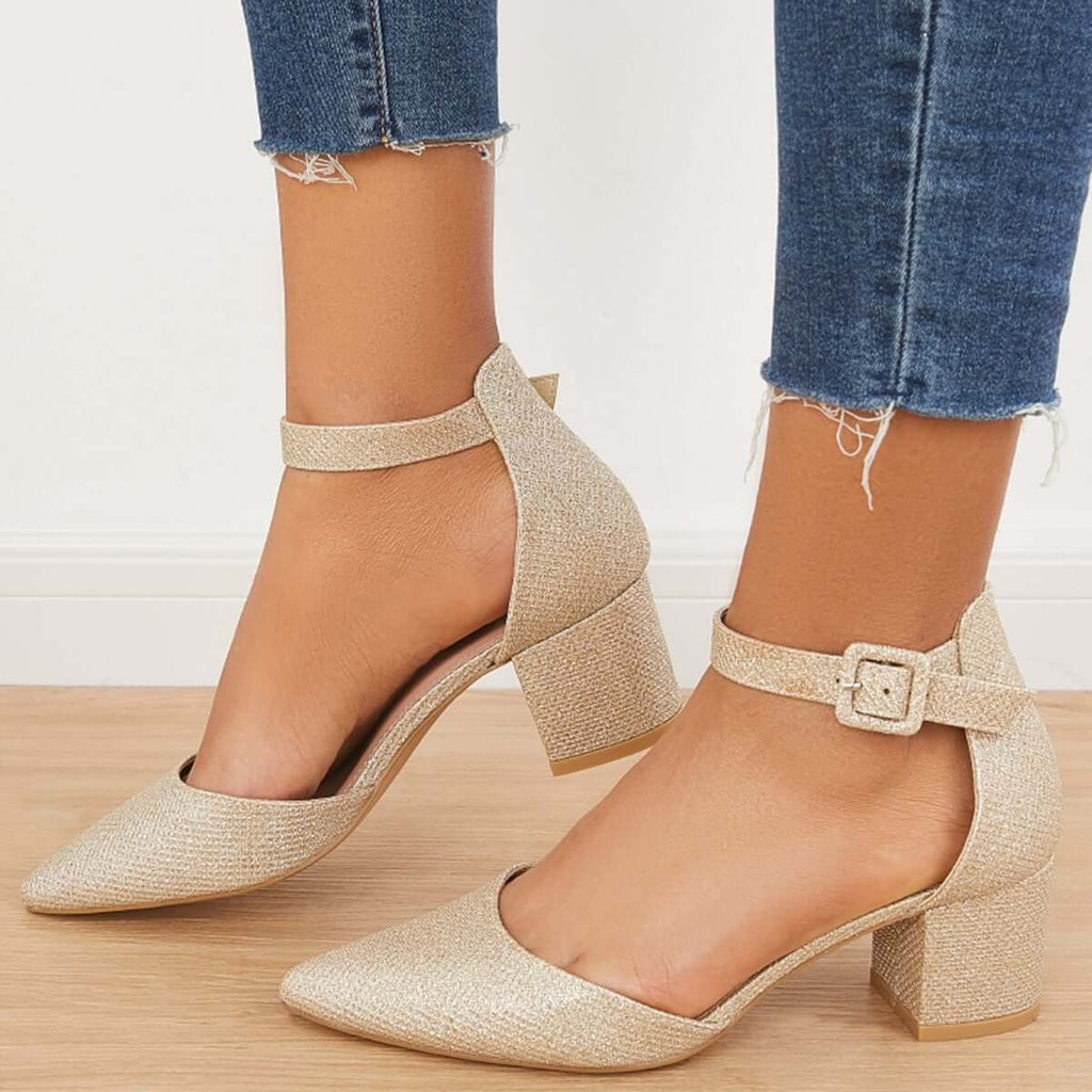 Myquees Low Chunky Block Heel Pumps Pointed Toe Ankle Strap Heels