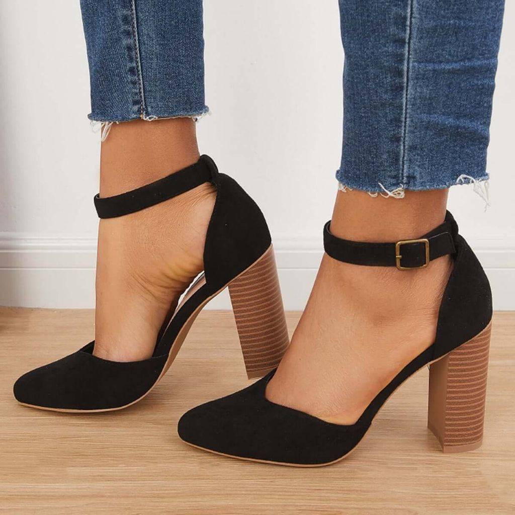 Myquees Casual Chunky Block High Heel Pumps Pointed Toe Ankle Strap Heels