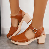 Myquees Brown Chunky Platform Heel Clogs Ankle Strap Sandals