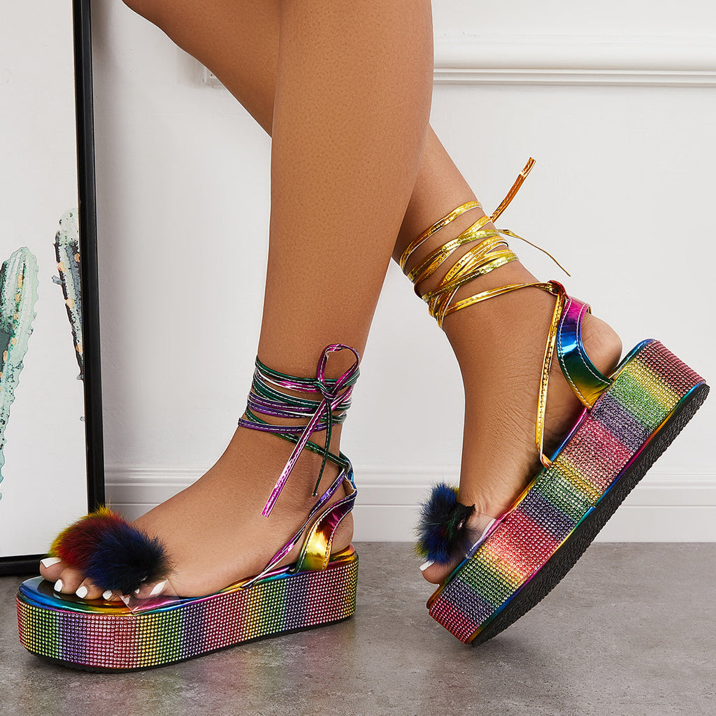 Myquees Glitter Open Toe Lace Up Platform Heel Ankle Strap Sandals