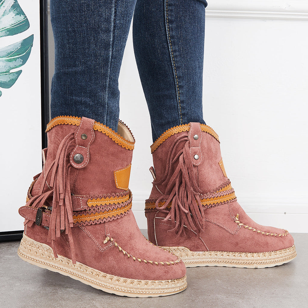 Myquees Tassel Cowboy Ankle Boots Stone Washed Wedge Heel Booties