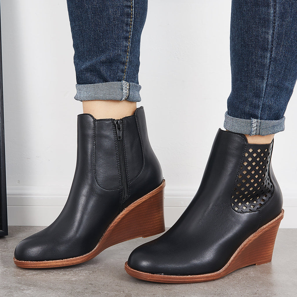 Myquees Hollow Ankle Boots Closed Toe Stacked Wedge Heel Booties
