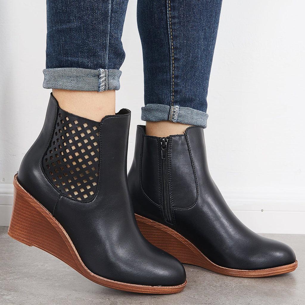 Myquees Hollow Ankle Boots Closed Toe Stacked Wedge Heel Booties