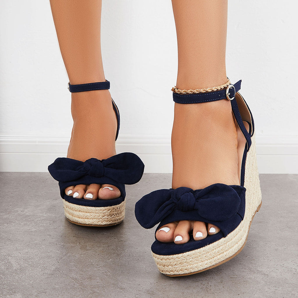 Myquees Bowknot Espadrille Platform Wedges Ankle Strap Sandals