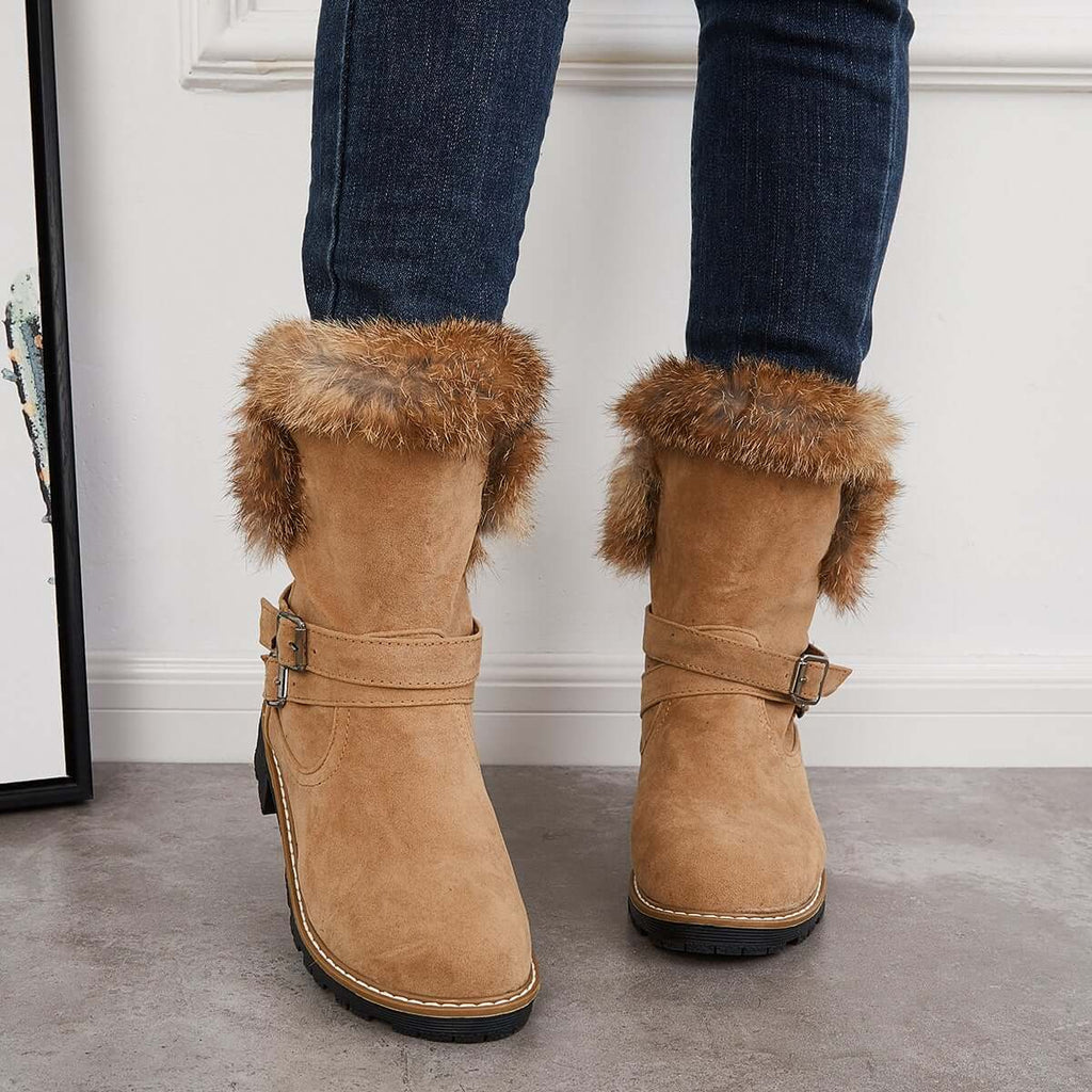 Myquees Warm Fur Mid Calf Snow Boots Block Heel Furry Winter Booties