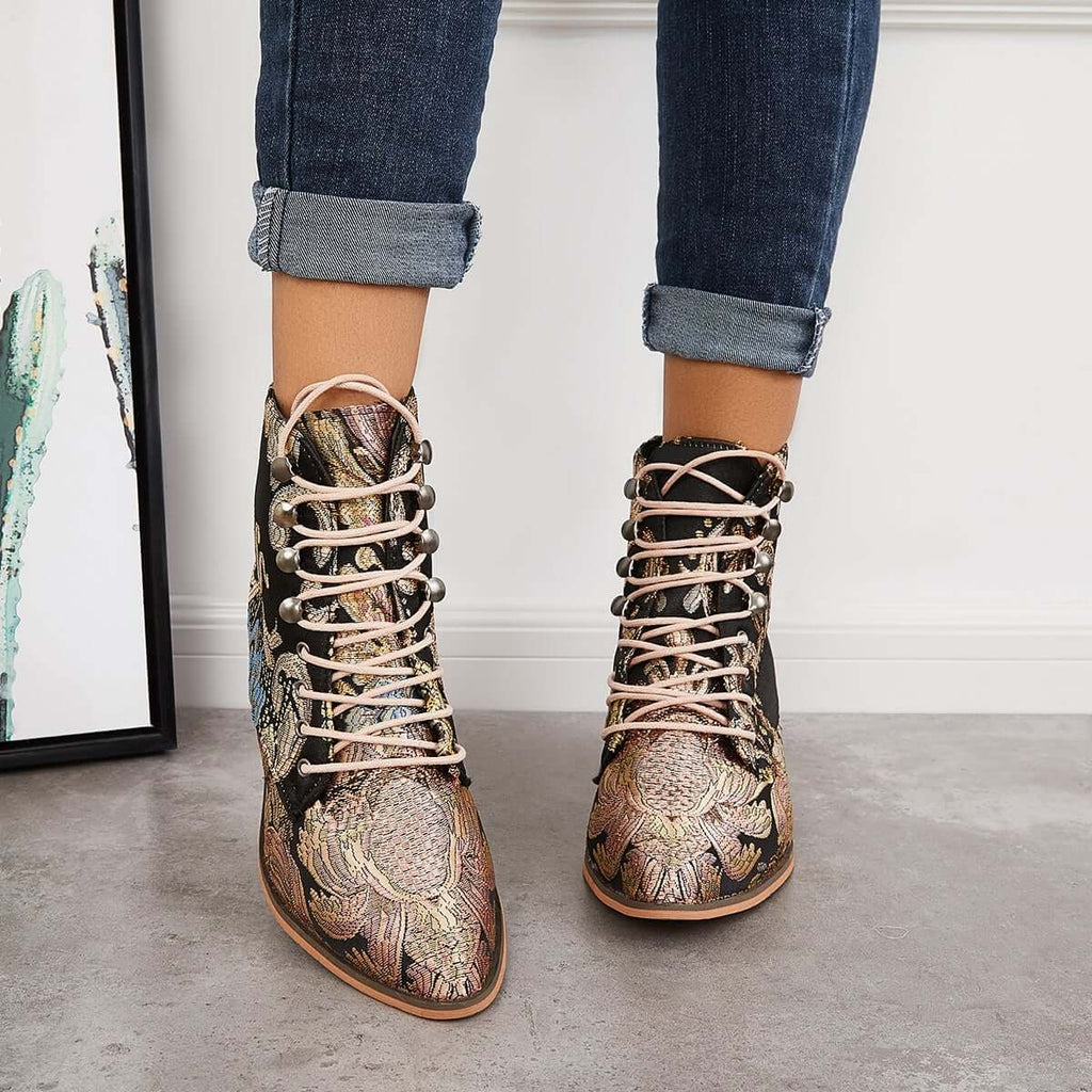 Myquees Retro Embroidered Cowboy Ankle Boots Block Heel Western Booties