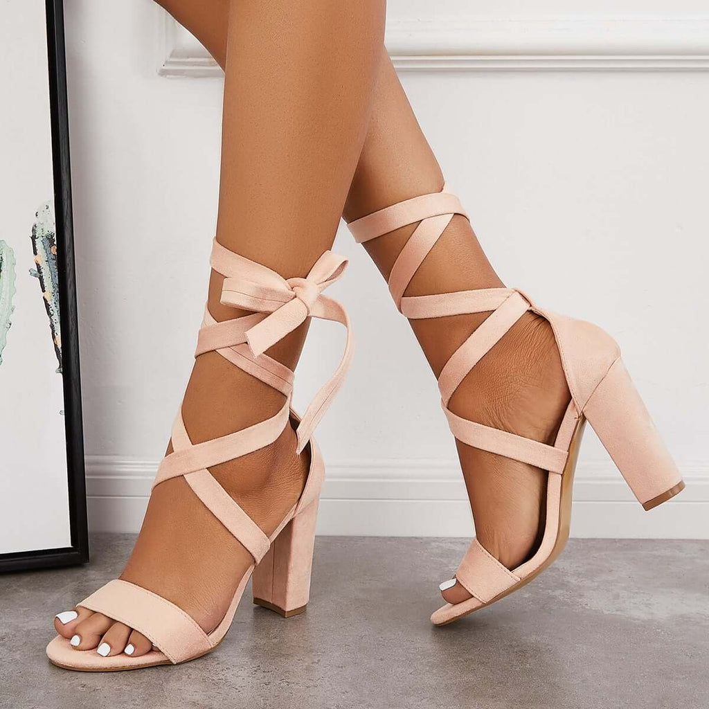 Myquees Lace Up High Heeled Sandals Chunky Block Ankle Tie Strap Heels