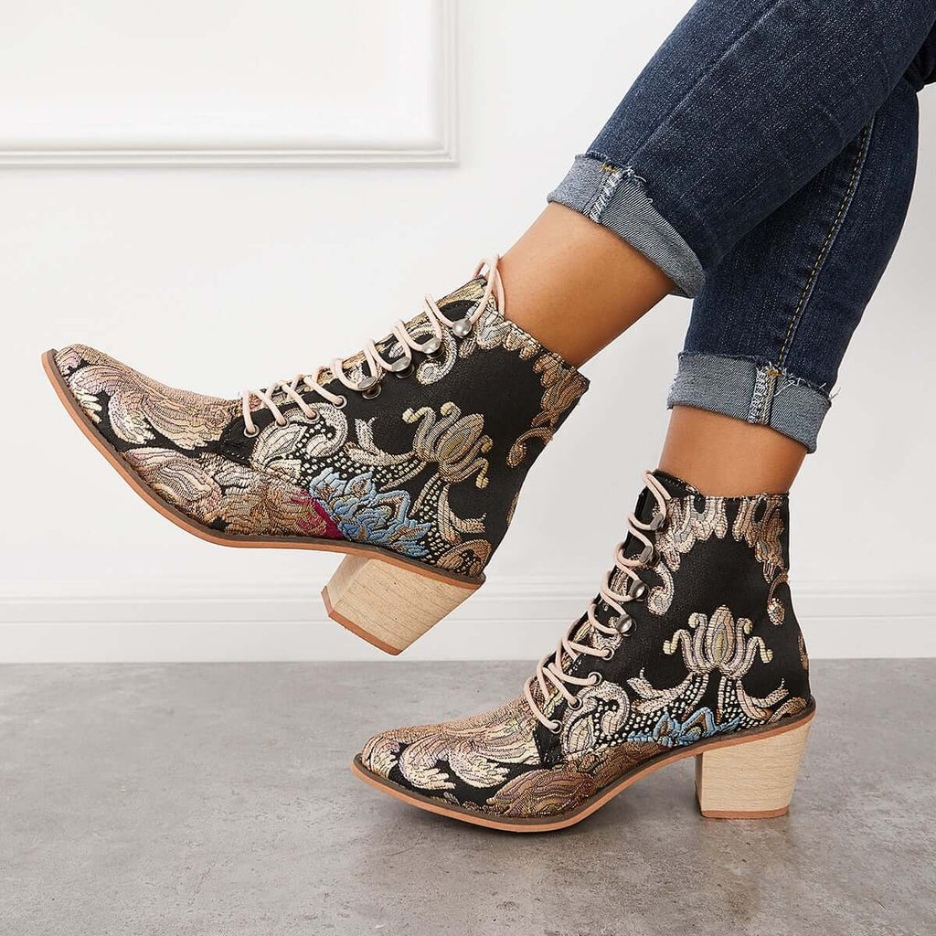 Myquees Retro Embroidered Cowboy Ankle Boots Block Heel Western Booties