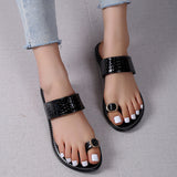 Myquees Black Toe Ring Slide Sandals Wide Flat Slippers