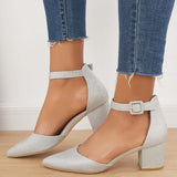 Myquees Low Chunky Block Heel Pumps Pointed Toe Ankle Strap Heels
