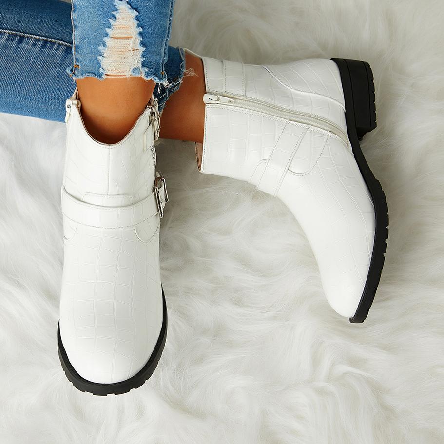 Myquees Women Trendy Bright Leather Zipper Buckle Ankle Boots