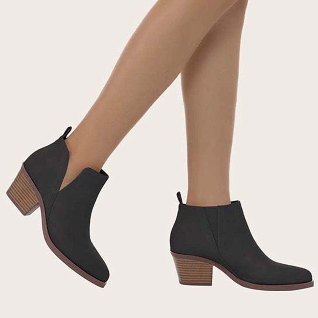 Myquees Cutout Ankle Boots Slip on Chunky Heel Western Booties