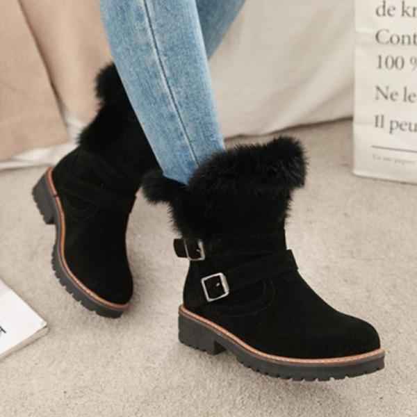 Myquees Round Toe Chunky Double Buckle Ankle Boots