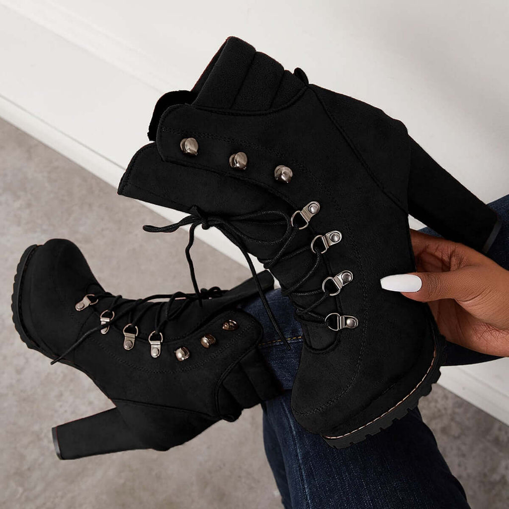 Myquees Non Slip Chunky Platform High Heels Lace Up Ankle Boots