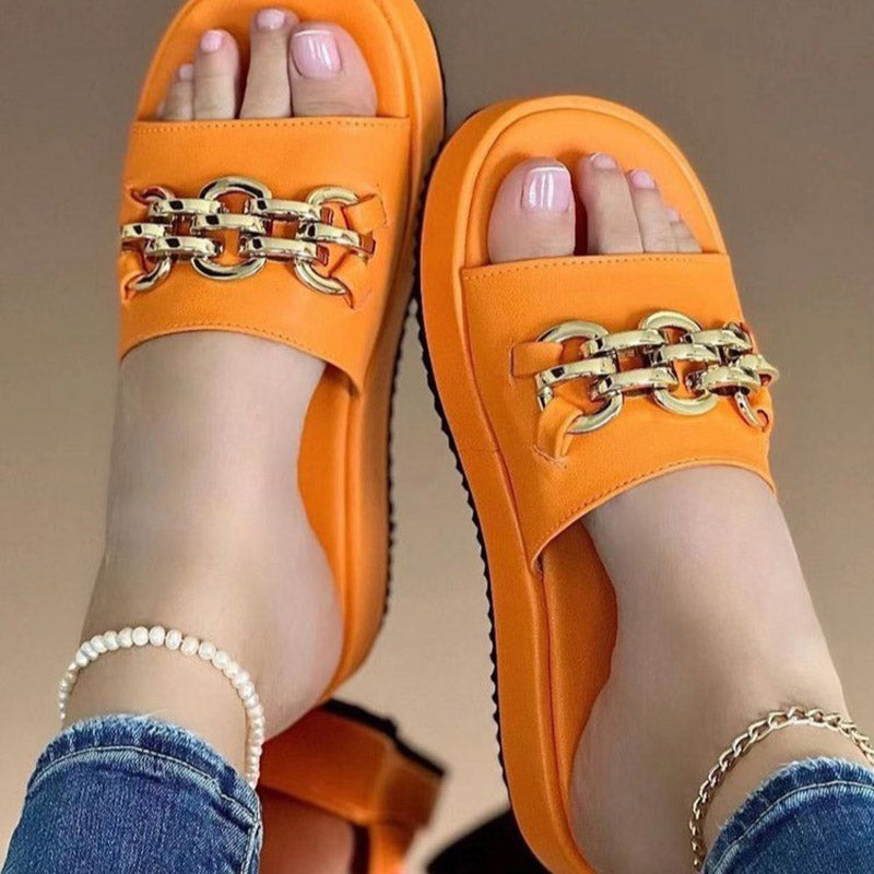 Myquees Casual Open Toe Flatform Slippers Chain Decor Platform Slide Sandals