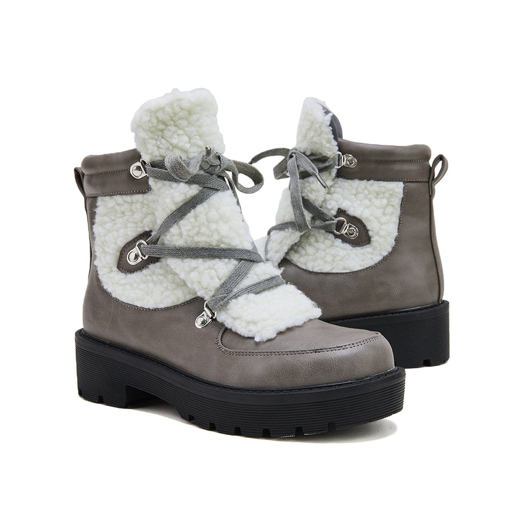 Myquees Women Faux Shearling Stiching Lace Up Snow Boots