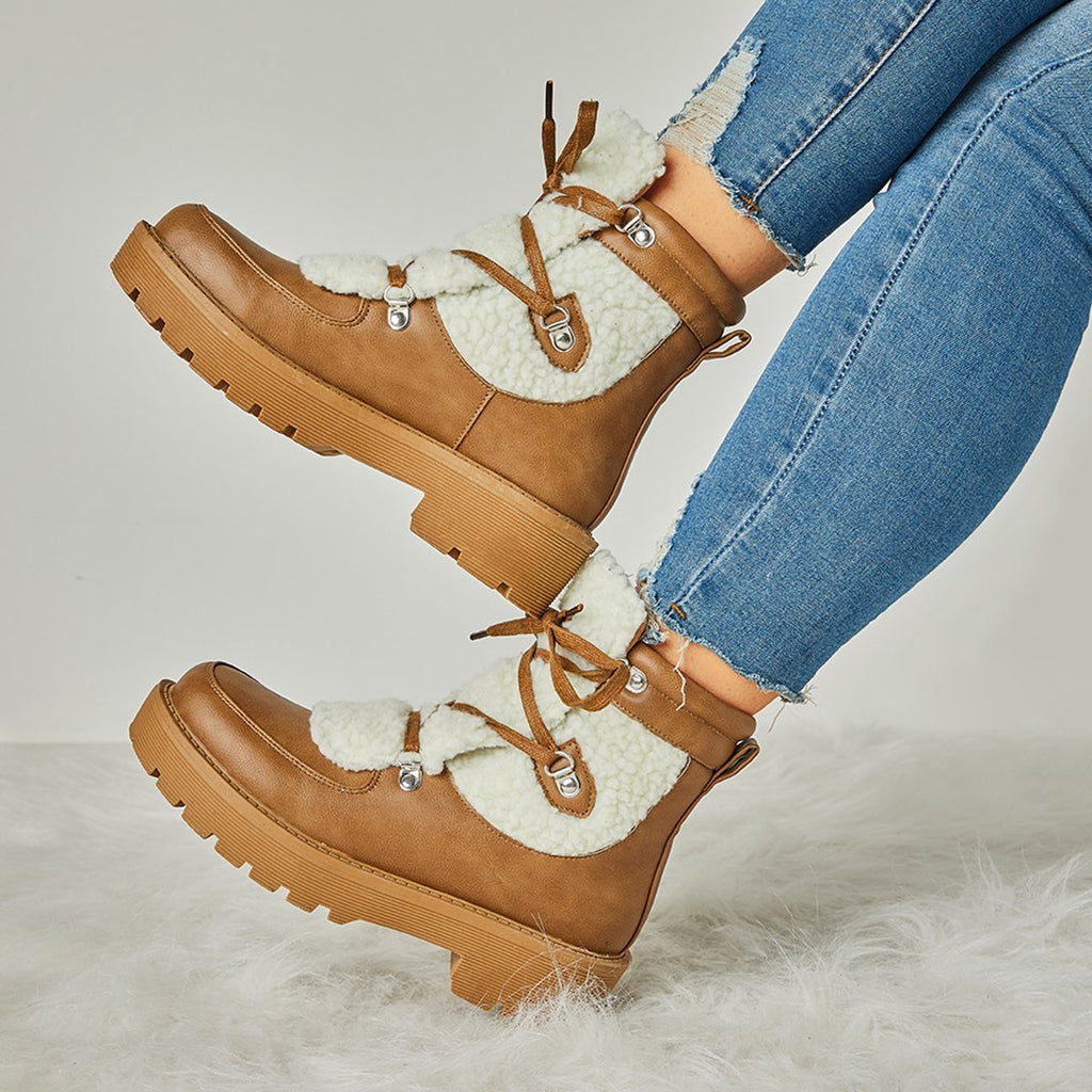 Myquees Women Faux Shearling Stiching Lace Up Snow Boots