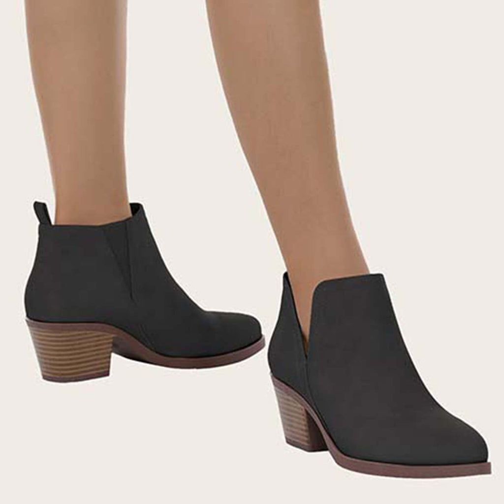 Myquees Cutout Ankle Boots Slip on Chunky Heel Western Booties