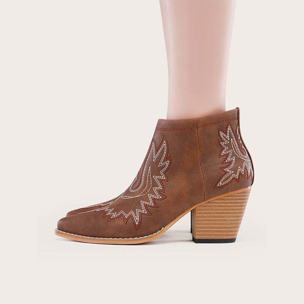 Myquees Coutout Western Cowgirl Boots Slip on Chunky Heel Ankle Booties