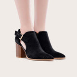 Myquees Pointed Toe Side Cutout Western Booties Chunky Heel Ankle Boots