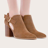 Myquees Pointed Toe Side Cutout Western Booties Chunky Heel Ankle Boots