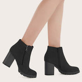 Myquees Black Chunky Heel Booties Round Toe Side Zip Ankle Boots